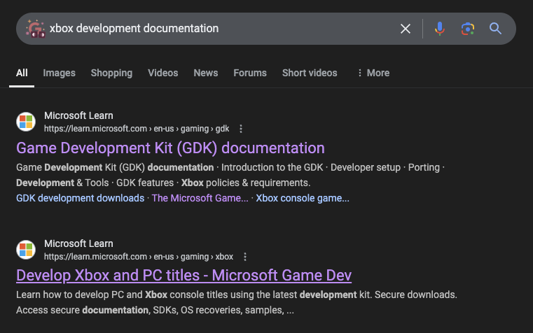 a google search for 'xbox development documentation' where the top two results are the relevant documentation landing pages on docs.microsoft.com