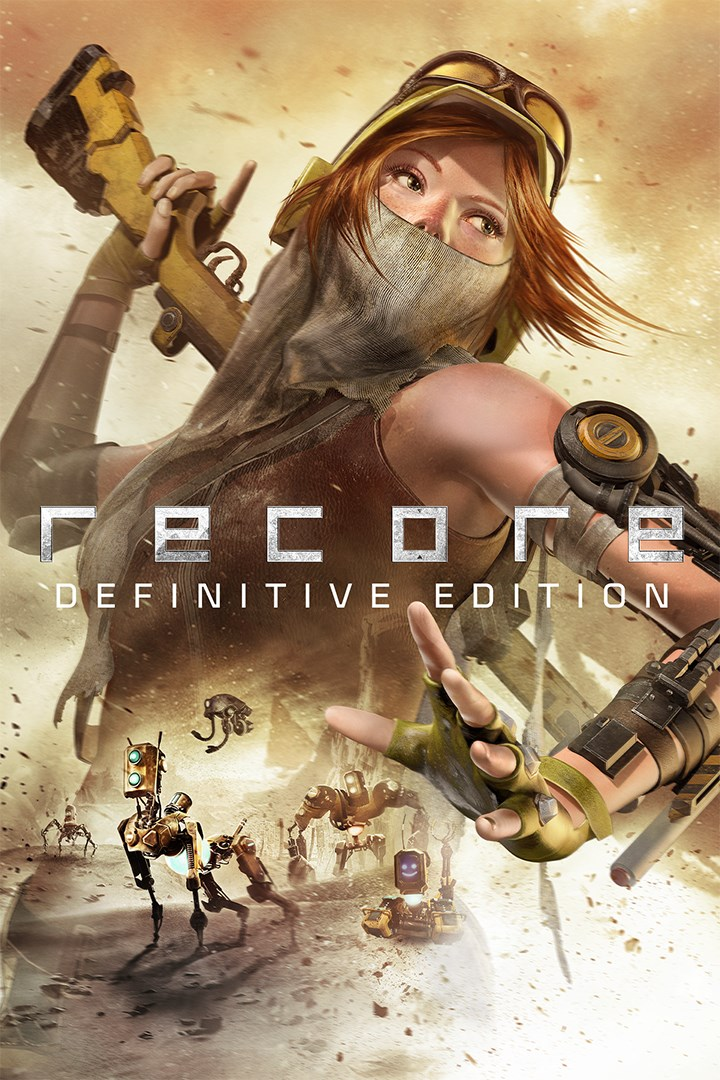 Cover art for ReCore, an xbox game. It shows the protagonist, Joule, in a sandstorm with a vignette of her robot companions in the bottom left corner.