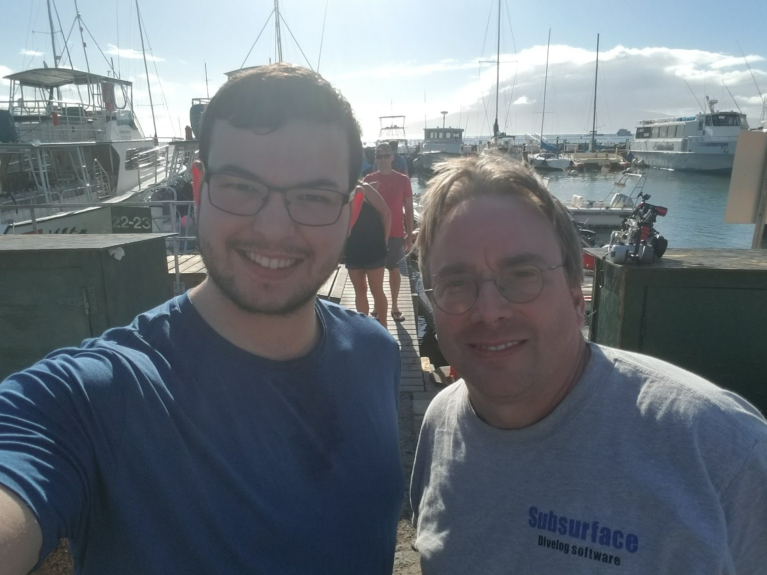 Me standing next to Linus Torvalds, who was wearing a Subsurface shirt. We had just returned to shore from a morning of dives.